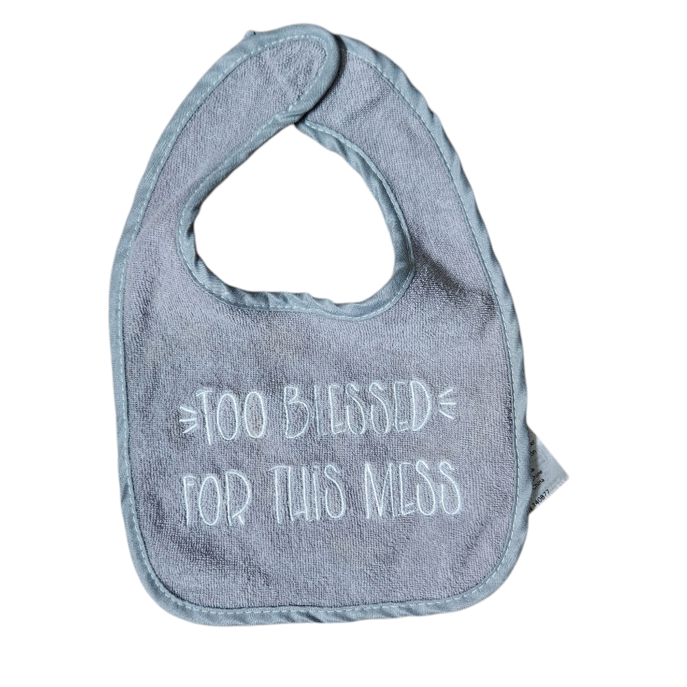 The Peanutshell Too Blessed For This Mess Unisex Terry Bib Gray White